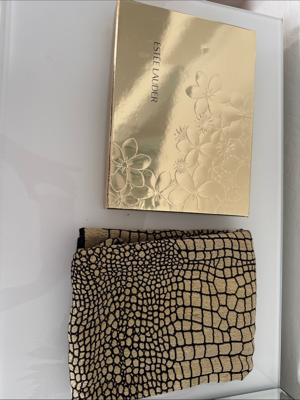 Estee Lauder Gold Compact with Black and Tan Croc-Print Scarf